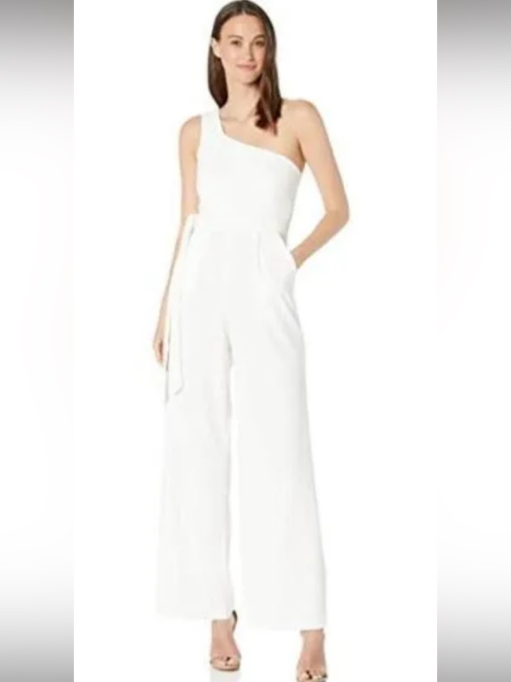 NWT Calvin Klein Ivory One-Shoulder Wide-Leg Jumpsuit with Waist Tie Size 2